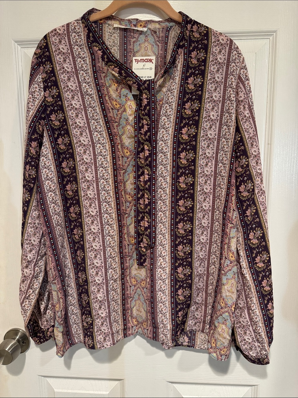 Violet & Claire Purple Floral Stripe Tie-Neck Tunic L NWT